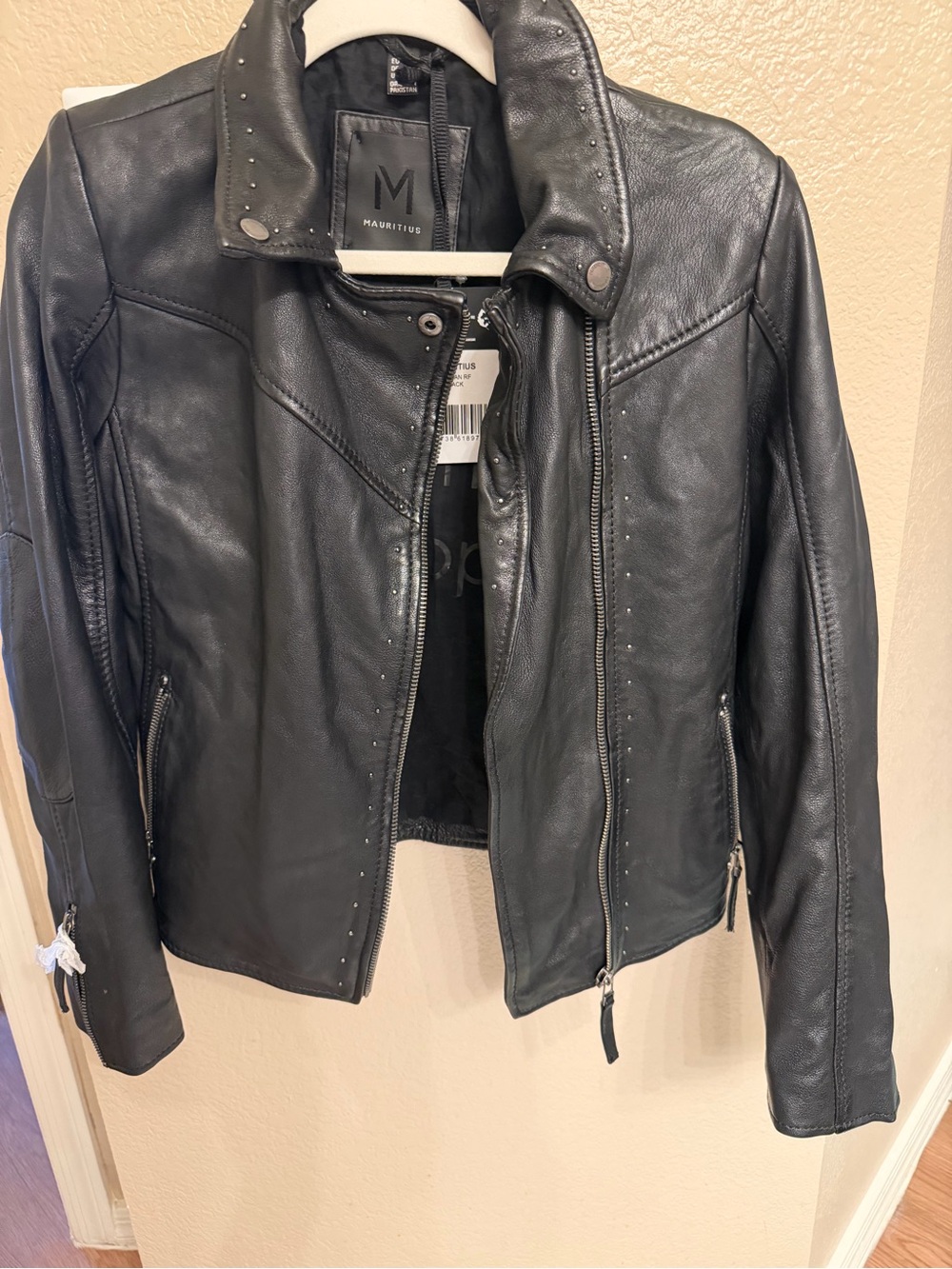 Black Leather Biker Jacket with Stud Trim